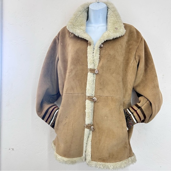 Vintage 90s Y2K Faux Suede Sherpa Lined Jacket Sz M Tan Coat Boho Phoebe Buffay - Picture 4 of 12